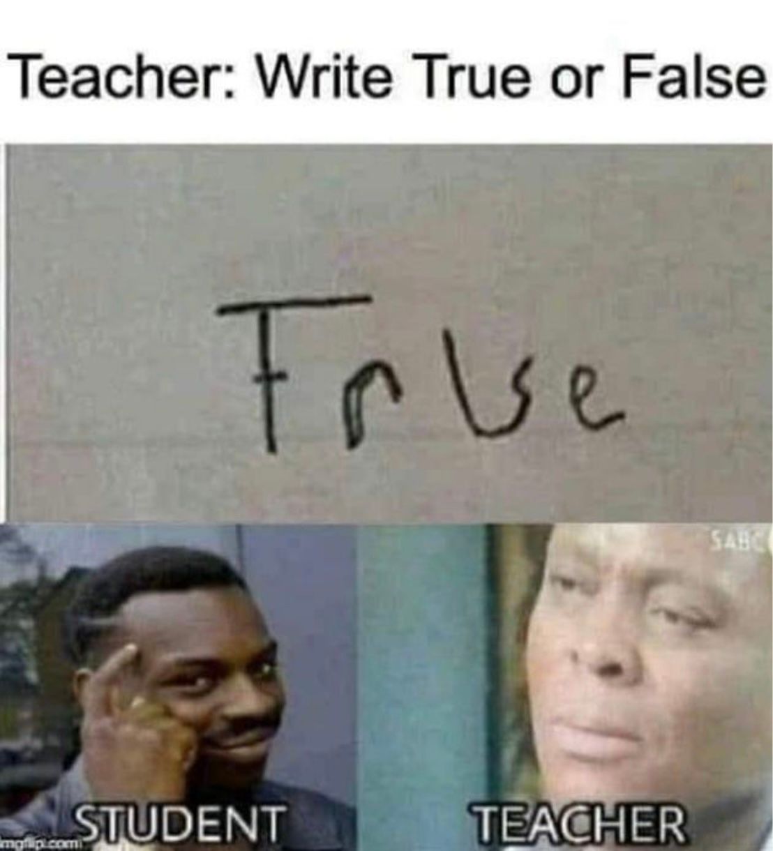 Teacher: Write True or False
Frie
STUDENT
TEACHER
mgflip.com
SABC