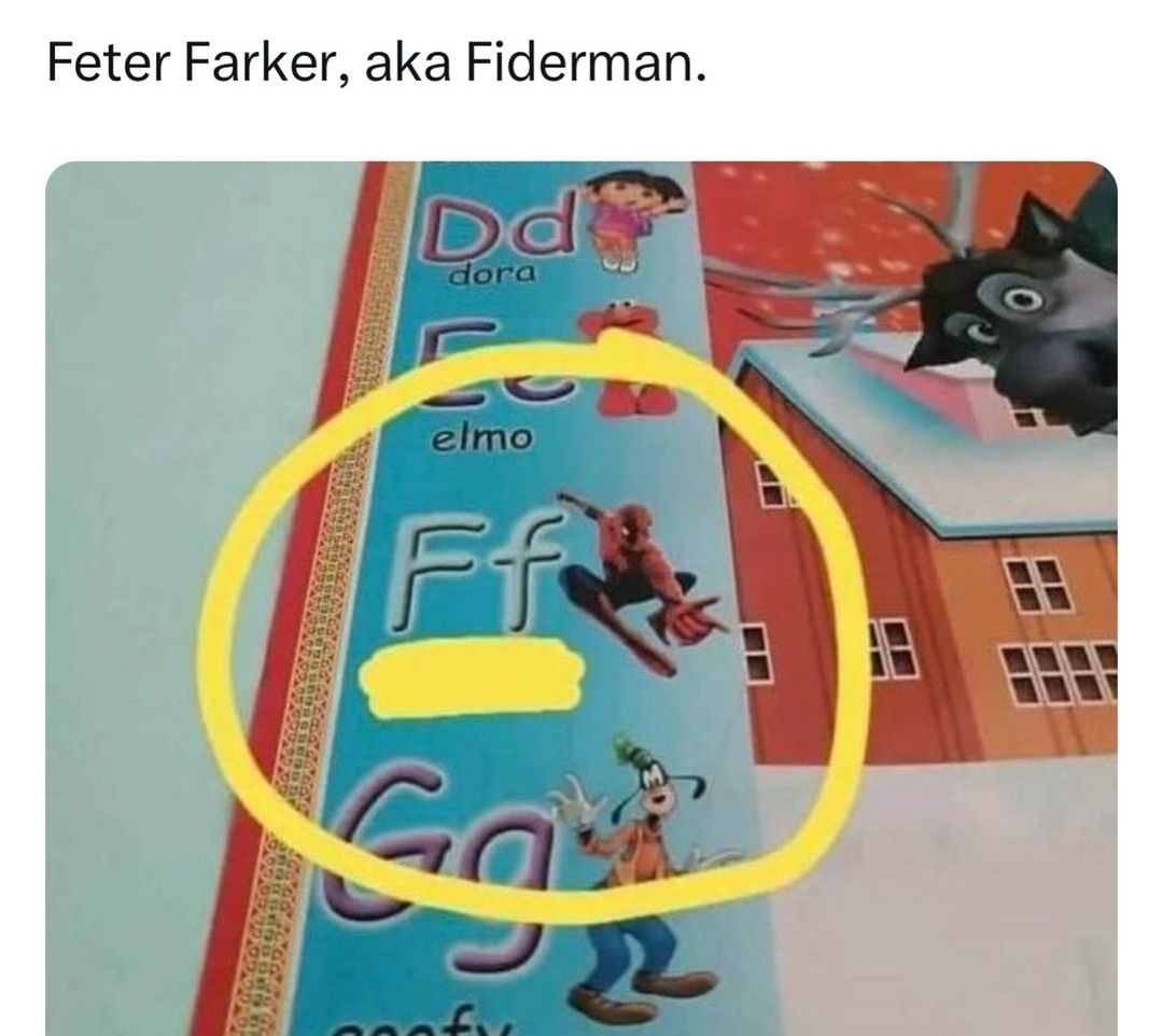 Feter Farker, aka Fiderman.
Dd
dora
elmo
Ff
0