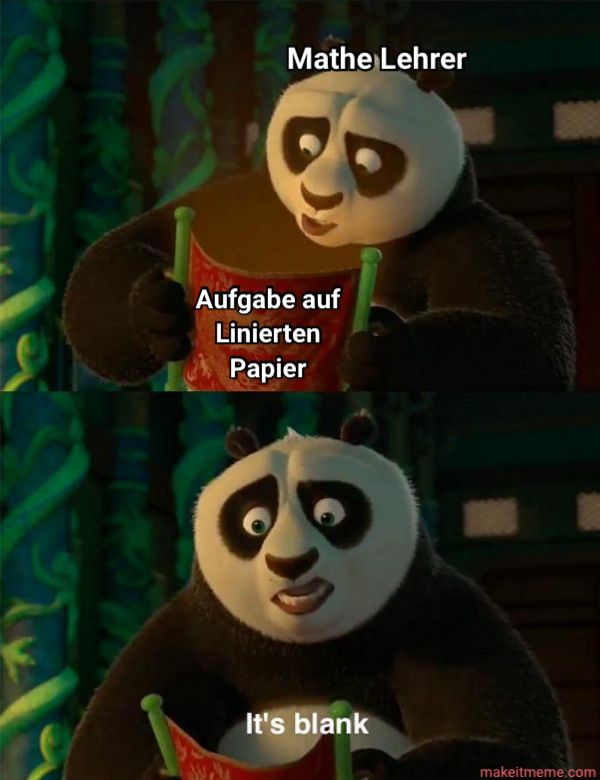 Ein Panda aus Kung Fu Panda guckt in der oberen Bildhälfte etwas bedrückt auf ein rotes Papier, auf dem steht "Aufgabe auf liniertem Papier". Die untere Bildhälfte zeigt den Panda mit etwas größeren Augen und erstauntem Gesichtsausdruck, wobei auf dem roten Papier steht "It's blank". Darüber steht der Schriftzug "Mathe Lehrer".