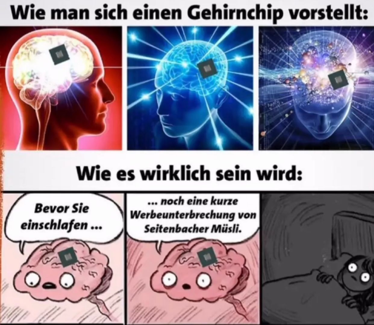 Wie man sich einen Gehirnchip vorstellt:
Wie es wirklich sein wird:
Bevor Sie
einschlafen...
... noch eine kurze
Werbeunterbrechung von
Seitenbacher Müsli.