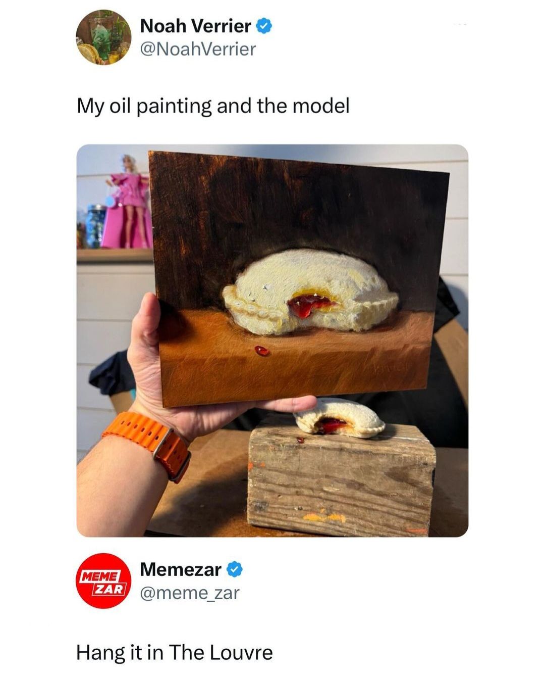 Noah Verrier
@NoahVerrier
My oil painting and the model
MEME
Memezar
ZAR @meme_zar
Hang it in The Louvre