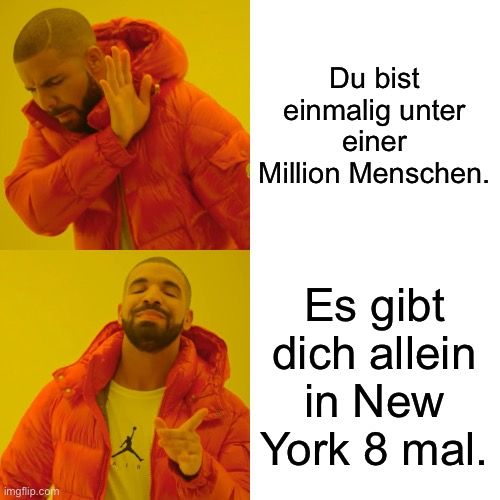 
Du bist
einmalig unter
einer
Million Menschen.
Es gibt
dich allein
in New
York 8 mal.