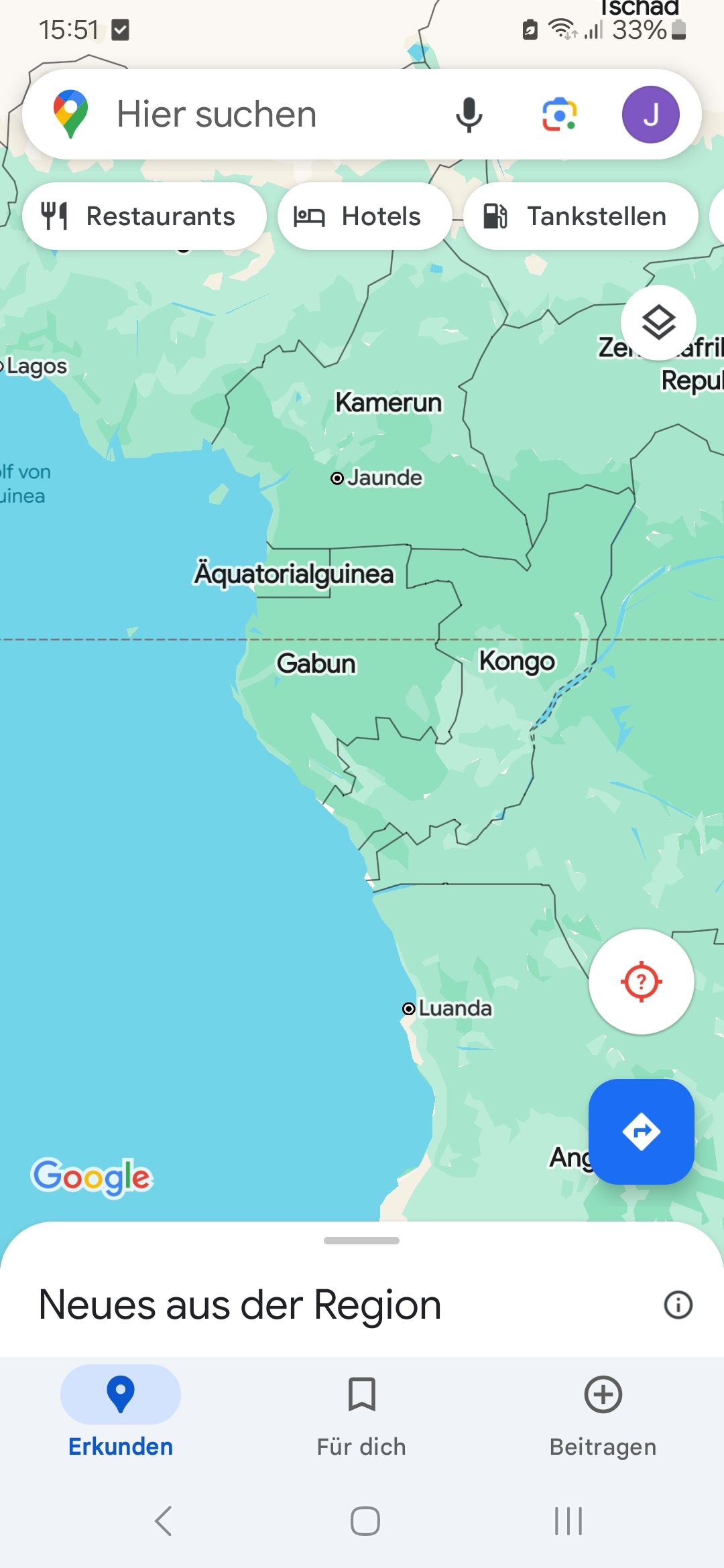 15:51
Hier suchen
Ischad
ill 33%
J
41 Restaurants on Hotels
Tankstellen
Lagos
If von
uinea
Ze afril
Repu
Kamerun
• Jaunde
Äquatorialguinea
Gabun
Kongo
• Luanda
Ang
Google
Neues aus der Region
Erkunden
Für dich
+
Beitragen
|||