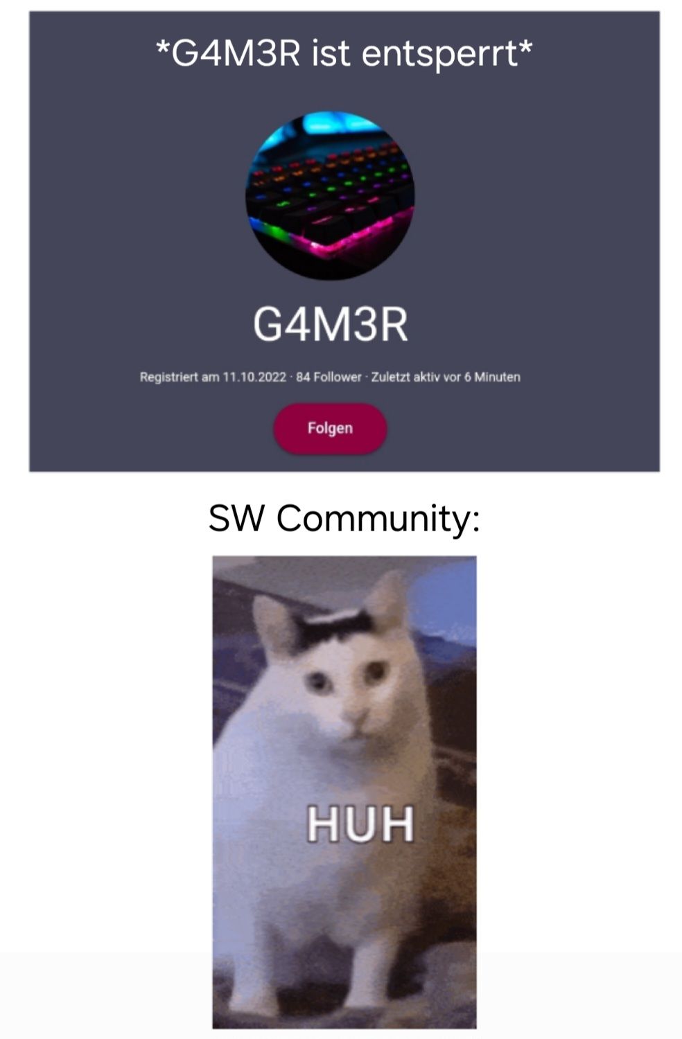 *G4M3R ist entsperrt*
G4M3R
Registriert am 11.10.2022 84 Follower- Zuletzt aktiv vor 6 Minuten
Folgen
SW Community:
HUH