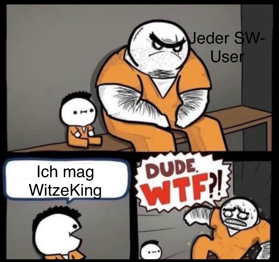 Das Bild ist ein dreiteiliger Comic. Im ersten Panel sehen wir zwei Personen im Gefängnis, die eine ist groß und blickt grimmig, die andere ist kleiner. Die Beschriftung über der großen Person sagt: "Jeder SW-User". Im zweiten Panel sagt die kleinere Person: "Ich mag WitzeKing". Im dritten Panel ist die große Person überrascht und sagt: "DUDE WTF?!"