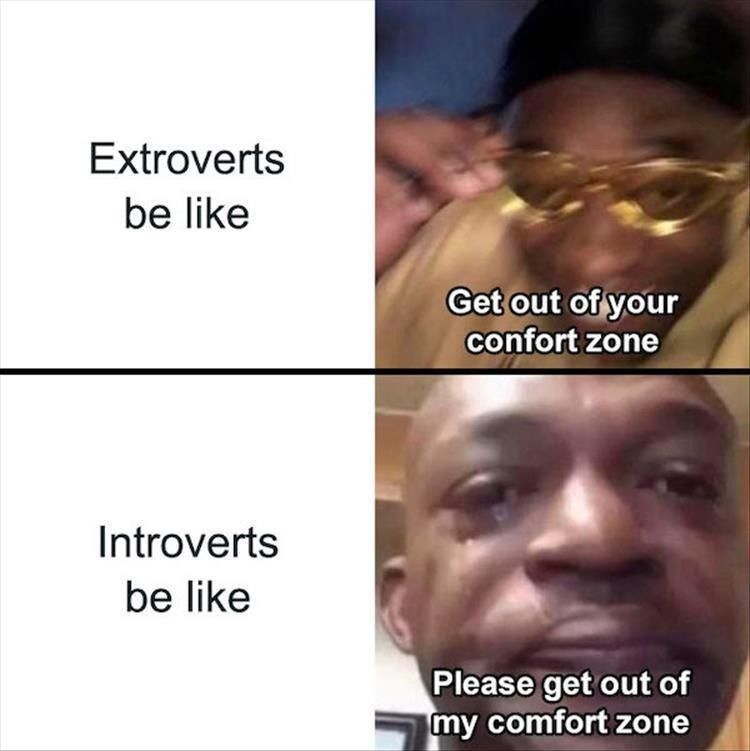 Extroverts
be like
Get out of your
confort zone
Introverts
be like
Please get out of
my comfort zone