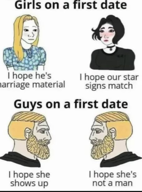 Girls on a first date
I hope he's
marriage material
I hope our star
signs match
Guys on a first date
I hope she
shows up
I hope she's
not a man