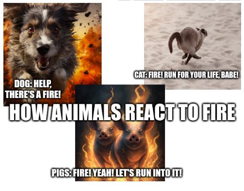 CAT:FIRE! RUN FOR YOUR LIFE, BABE!
DOG: HELP,
THERE'S A FIRE!
HOW ANIMALS REACT TO FIRE
PIGS: FIRE! YEAH! LET'S RUN INTO IT!