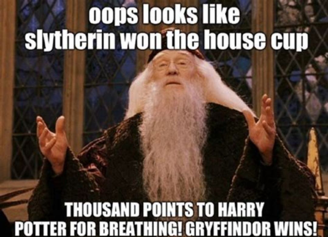 oops looks like
slytherin won the house cup
THOUSAND POINTS TO HARRY
POTTER FOR BREATHING! GRYFFINDOR WINS!