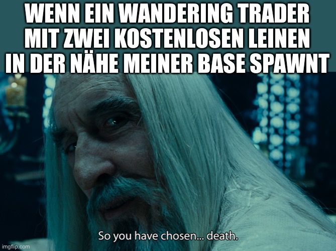 WENN EIN WANDERING TRADER
MIT ZWEI KOSTENLOSEN LEINEN
IN DER NÄHE MEINER BASE SPAWNT

So you have chosen... death.