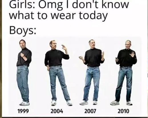 Girls: Omg I don't know
what to wear today
Boys:
1999
2004
2007
2010