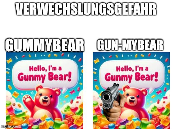 VERWECHSLUNGSGEFAHR
GUMMYBEAR GUN-MYBEAR

Hello, I'm a
Gunmy Bear!
Hello, I'm a
Gunmy Bear!