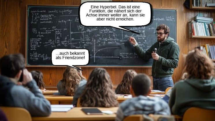 349
...auch bekannt
als Friendzone!
Eine Hyperbel. Das ist eine
Funktion, die nähert sich der
Achse immer weiter an, kann sie
aber nicht erreichen.