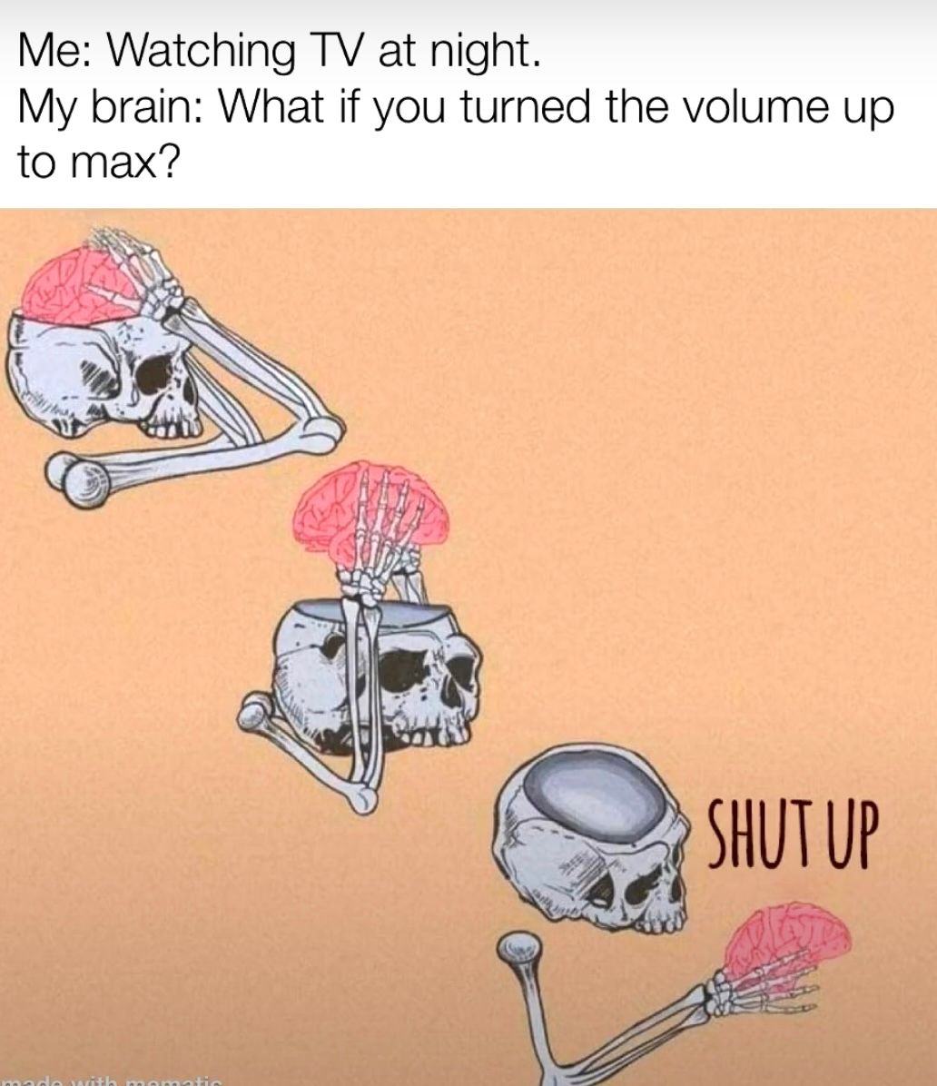 Me: Watching TV at night.
My brain: What if you turned the volume up
to max?
SHUT UP