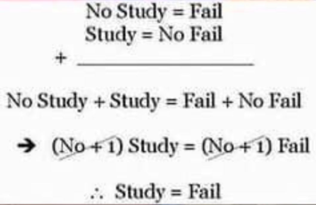 No Study = Fail
Study = No Fail
No Study + Study = Fail + No Fail
(No+1) Study = (No+1) Fail
.. Study = Fail