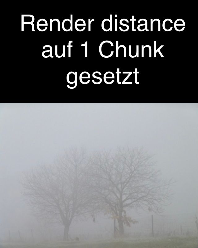 Das Bild zeigt zwei Bäume, die im Nebel stehen. Darüber steht der Text "Render distance auf 1 Chunk gesetzt".