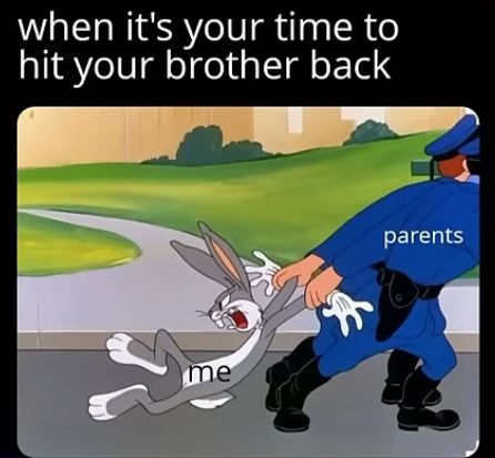 Ein Bild mit Bugs Bunny, beschriftet mit "ich", der versucht, sich loszureißen, während ein Polizist, beschriftet mit "Eltern", ihn festhält. Der Text oben lautet: "when it's your time to hit your brother back".