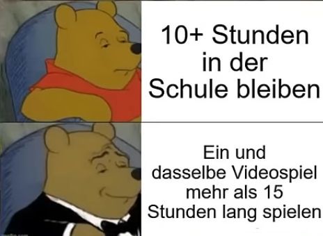 Das Bild zeigt einen zweiteiligen Vergleich mit Winnie Puh. Im oberen Bild sitzt Winnie Puh mit einem roten Hemd und blickt gelangweilt. Darunter steht: "10+ Stunden in der Schule bleiben". Im unteren Bild ist Winnie Puh mit einem Anzug und Fliege zu sehen, er wirkt zufrieden. Darunter steht: "Ein und dasselbe Videospiel mehr als 15 Stunden lang spielen".