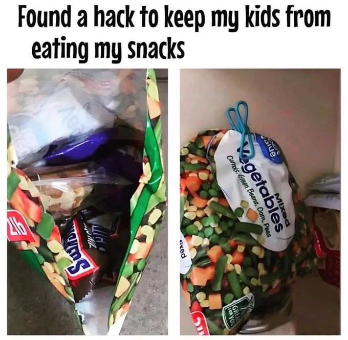 Found a hack to keep my kids from
eating my snacks
Ac
alue
Mixed
egetab
Carrots, Green Beans,
97
Su
ixed
GRE
FOR YOU