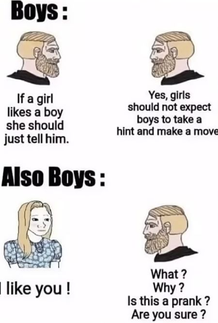 Boys:
If a girl
likes a boy
she should
just tell him.
Also Boys:
Yes, girls
should not expect
boys to take a
hint and make a move
like you!
What?
Why?
Is this a prank?
Are you sure?