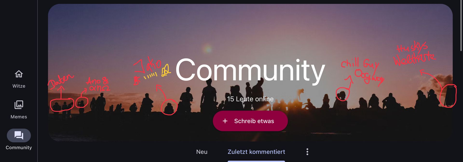 Das Bild zeigt einen Screenshot einer Community-Seite mit einer Silhouette von Menschen vor einem Sonnenuntergang. Der Text auf dem Bild lautet: "Community, 15 Leute online, Schreib etwas, Neu, Zuletzt kommentiert". Auf dem Bild sind mit roter Farbe verschiedene Namen geschrieben, die den Leuten auf dem Bild zugeordnet werden.