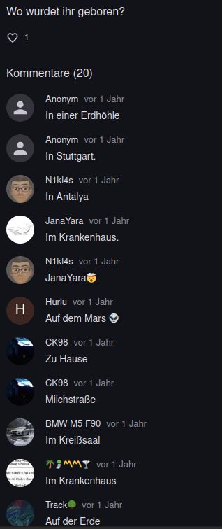 Screenshot einer Kommentarspalte mit der Frage 'Wo wurdet ihr geboren?' und verschiedenen, humorvollen Antworten, wie 'In einer Erdhöhle', 'Auf dem Mars' oder 'Milchstraße'.
