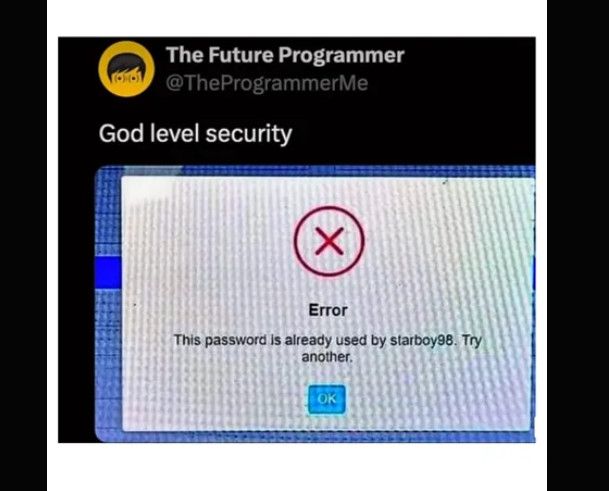 The Future Programmer
@TheProgrammerMe
God level security
X
Error
This password is already used by starboy98. Try
another.
OK