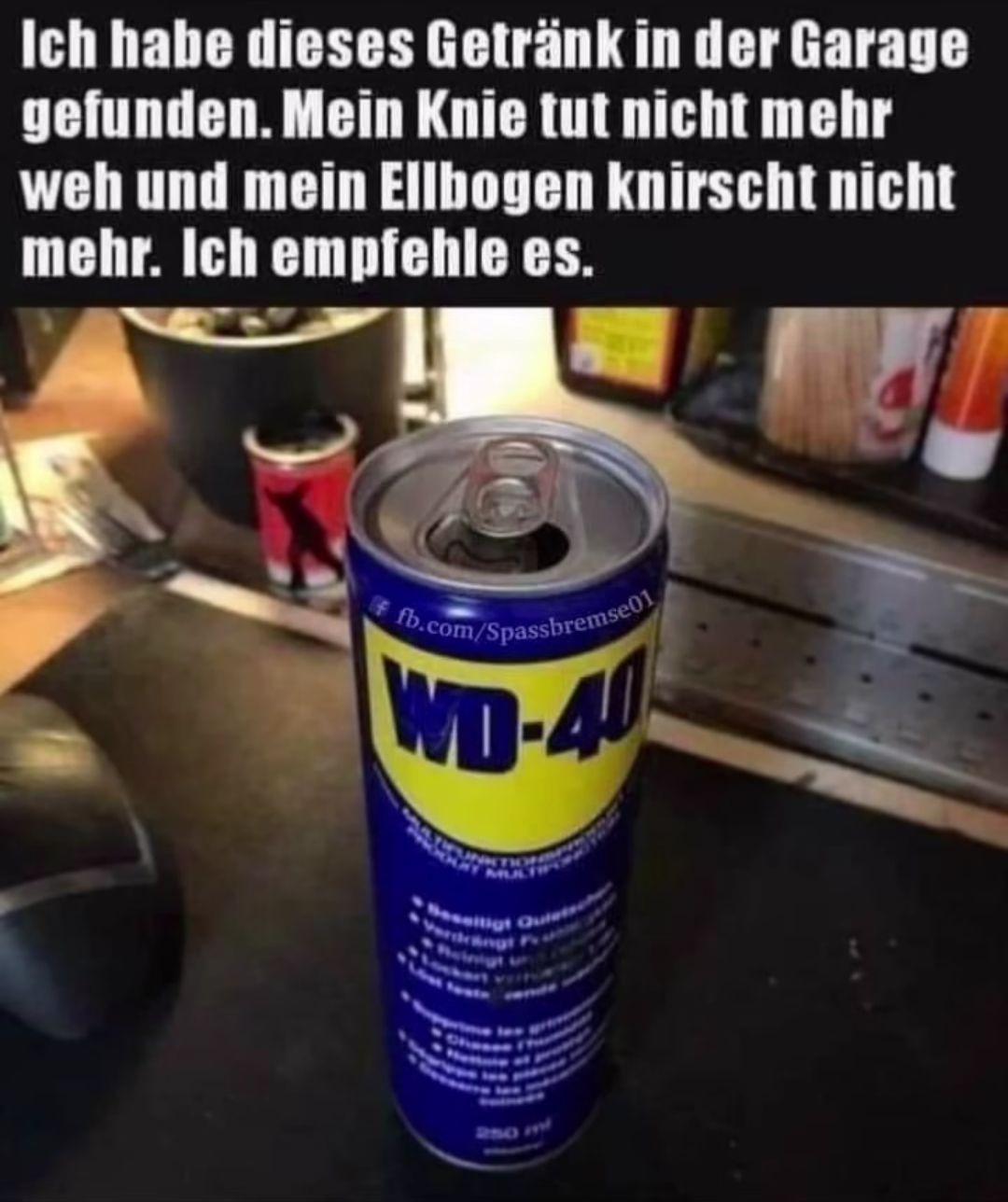 Ich habe dieses Getränk in der Garage
gefunden. Mein Knie tut nicht mehr
weh und mein Ellbogen knirscht nicht
mehr. Ich empfehle es.
fb.com/Spassbremse01
WD-40
Beseitigt Qu
Reinigt
Ohe
no m