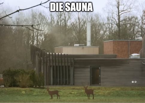 Ein Bild von einem modernen Gebäude mit der Aufschrift "DIE SAUNA" und zwei Deko-Hirschen vor dem Gebäude.