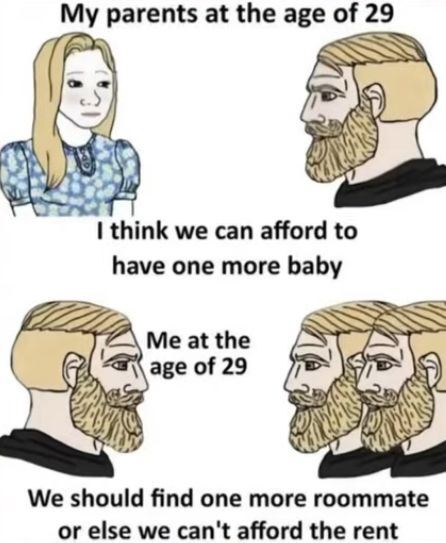 My parents at the age of 29
I think we can afford to
have one more baby
Me at the
age of 29
We should find one more roommate
or else we can't afford the rent