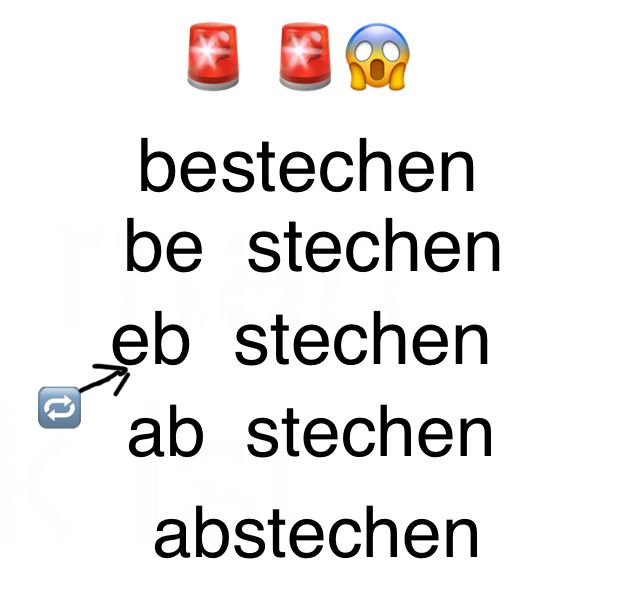 Das Bild zeigt das Wort "bestechen", welches in jeder Zeile eine Silbe verliert, bis "abstechen" daraus wird. Oben im Bild sind zwei rote blinkende Sirenen und ein Emoji mit überraschtem Gesicht.