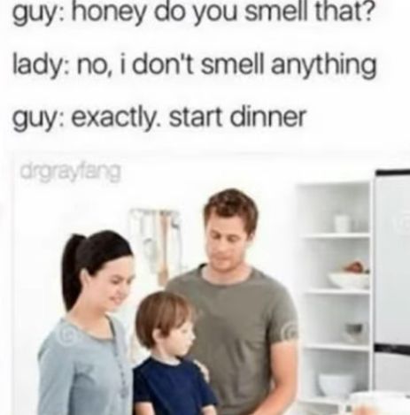 guy: honey do you smell that?
lady: no, i don't smell anything
guy: exactly. start dinner
drgrayfang