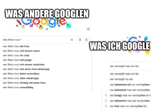 The image shows two Google search result pages. The left side is labeled "WAS ANDERE GOOGLEN" and shows search suggestions for "Wie flirtet man?". The right side is labeled "WAS ICH GOOGLE" and shows search suggestions for "wie verstopft man ein klo".