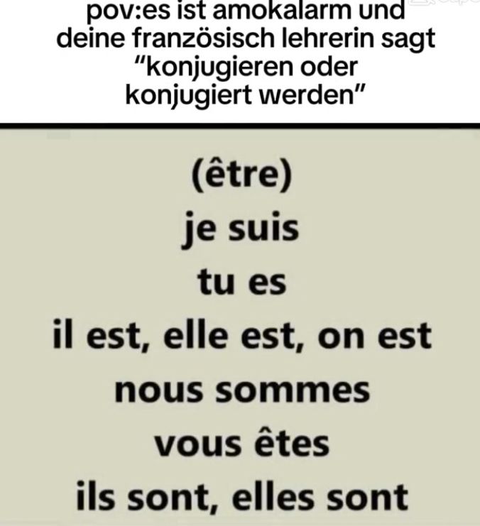 pov:es ist amokalarm und
deine französisch lehrerin sagt
"konjugieren oder
konjugiert werden"
(être)
je suis
tu es
il est, elle est, on est
nous sommes
vous êtes
ils sont, elles sont