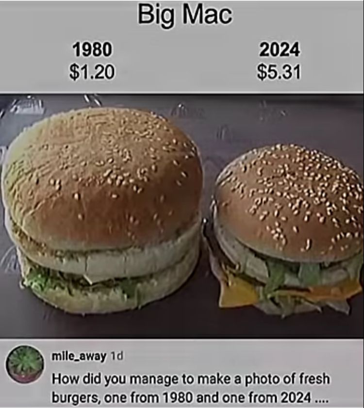 Big Mac
1980
2024
$1.20
$5.31
mile away 1d
How did you manage to make a photo of fresh
burgers, one from 1980 and one from 2024....