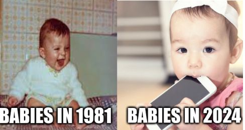 Zwei Bilder nebeneinander. Links ein Baby aus dem Jahr 1981, das lacht und mit offenem Mund auf dem Boden liegt. Rechts ein Baby aus dem Jahr 2024, das ein Smartphone in den Mund nimmt. Der Text unter den Bildern lautet: "BABIES IN 1981" und "BABIES IN 2024".