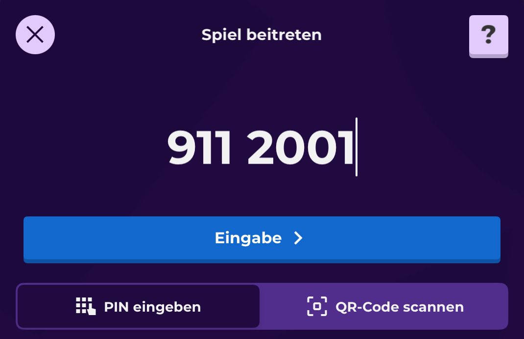 Ein Screenshot von der Kahoot-App. Es wird nach einem Code gefragt. Der eingegebene Code lautet 911 2001. Es gibt einen Eingabe-Button, einen Button für PIN eingeben und einen Button für QR-Code scannen.