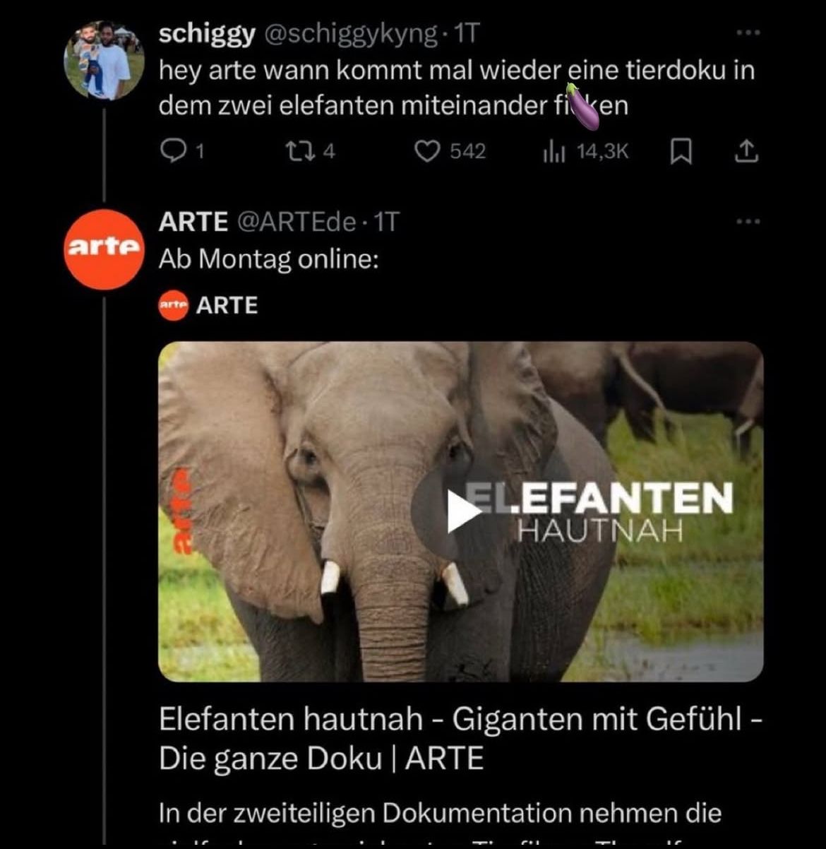 arte
schiggy@schiggykyng⚫ 1T
hey arte wann kommt mal wieder eine tierdoku in
dem zwei elefanten miteinander fiken
1
274
ARTE @ARTEde. 1T
Ab Montag online:
ARTE
542
Il 14,3K
☐
↑
ELEFANTEN
HAUTNAH
Elefanten hautnah - Giganten mit Gefühl -
Die ganze Doku | ARTE
In der zweiteiligen Dokumentation nehmen die