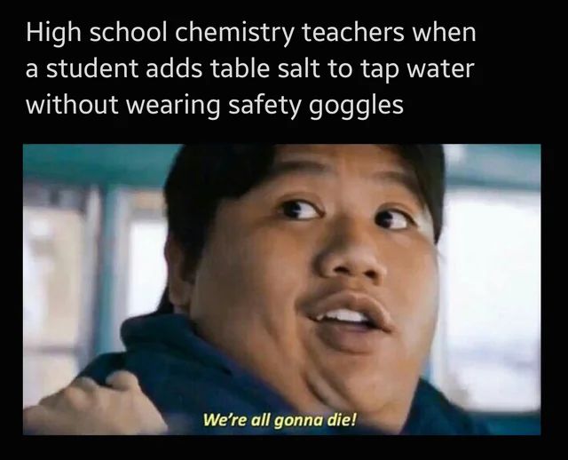 High school chemistry teachers when
a student adds table salt to tap water
without wearing safety goggles
We're all gonna die!