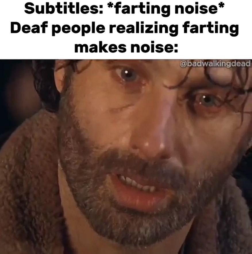 Subtitles: *farting noise*
Deaf people realizing farting
makes noise:
@badwalkingdead