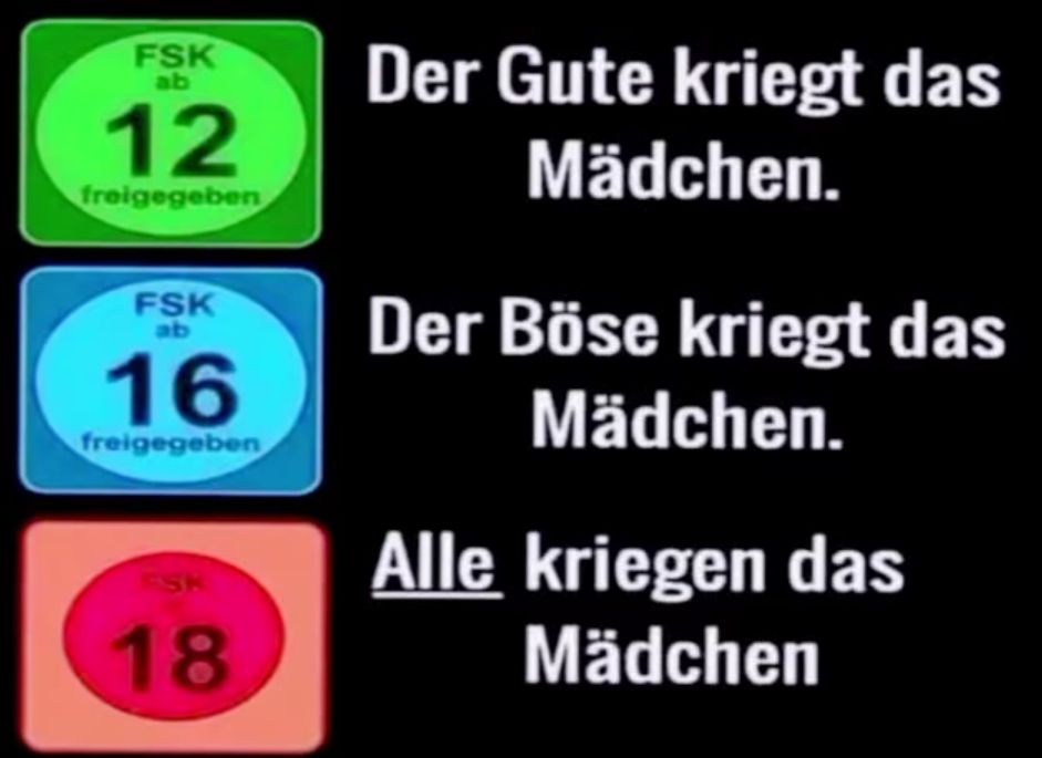 Drei FSK-Logos mit Text darunter. FSK 12: "Der Gute kriegt das Mädchen." FSK 16: "Der Böse kriegt das Mädchen." FSK 18: "Alle kriegen das Mädchen."