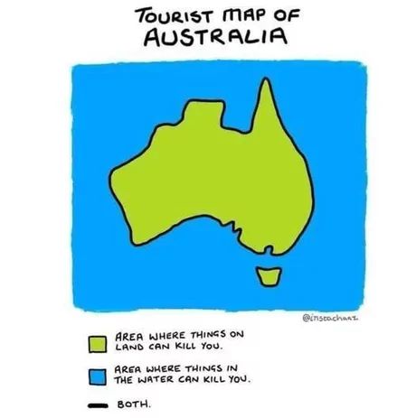 TOURIST MAP OF
AUSTRALIA
AREA WHERE THINGS ON
LAND CAN KILL YOU.
AREA WHERE THINGS IN
THE WATER CAN KILL YOU.
BOTH.
@instachanz