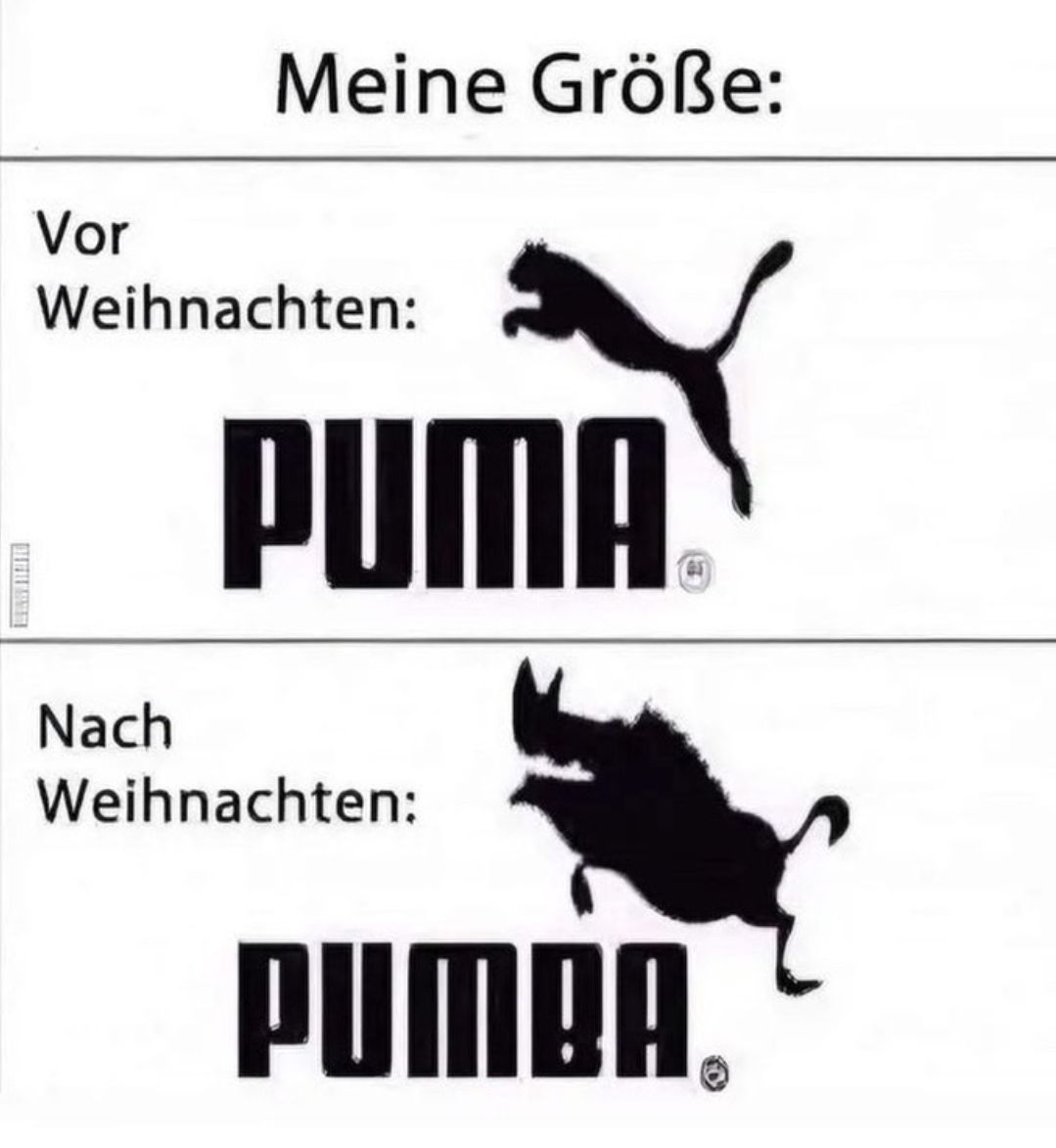 Das Bild zeigt einen Vergleich von zwei Logos. Oben steht "Vor Weihnachten:" und darunter das Puma-Logo, ein springender Puma. Darunter steht "Nach Weihnachten:" und darunter das gleiche Logo aber in der Form eines Warzenschweins, mit "PUMBA" darunter.