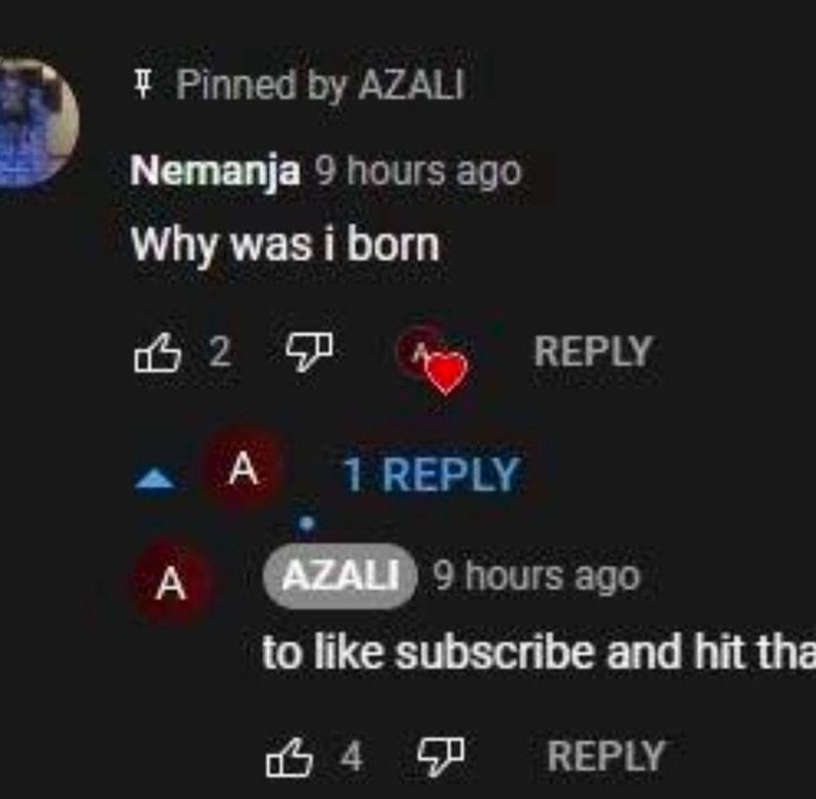 A screenshot of a YouTube comment section. Nemanja asks: "Why was i born?" AZALI replies: "to like subscribe and hit tha".