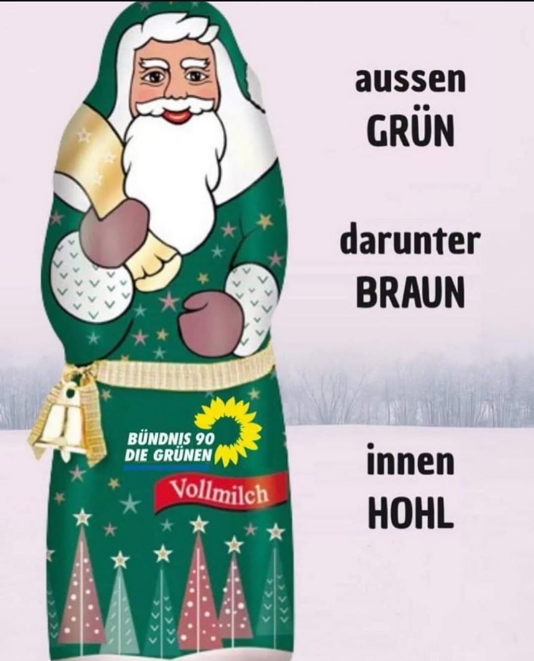 Ein Schokoladen-Nikolaus ist abgebildet. Es steht "aussen GRÜN", "darunter BRAUN", "innen HOHL". Auf dem Nikolaus ist das Logo von "BÜNDNIS 90 DIE GRÜNEN" und "Vollmilch" zu sehen.