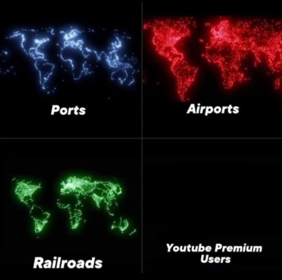 Das Bild zeigt vier Weltkarten in einem 2x2-Raster. Die erste Karte in der oberen linken Ecke ist blau hervorgehoben und mit der Aufschrift "Ports" versehen. Die Karte oben rechts ist rot hervorgehoben und hat die Aufschrift "Airports". Die dritte Karte unten links ist grün hervorgehoben und ist mit der Aufschrift "Railroads" versehen. Die vierte Karte unten rechts ist leer, mit dem Text "Youtube Premium Users".