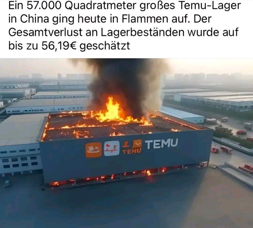 Ein 57.000 Quadratmeter großes Temu-Lager steht in Flammen. Der Text auf dem Bild lautet: "Ein 57.000 Quadratmeter großes Temu-Lager in China ging heute in Flammen auf. Der Gesamtverlust an Lagerbeständen wurde auf bis zu 56,19 € geschätzt" und darunter ist das Logo von Temu mit "TEHU".