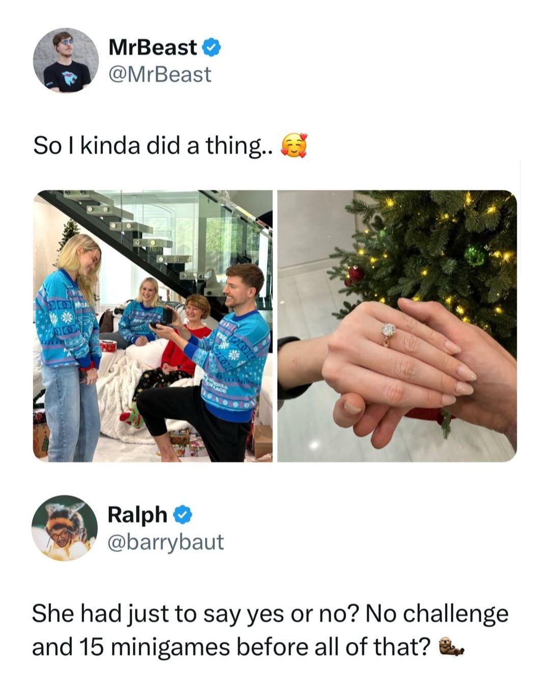 A two-part image shows MrBeast kneeling in front of a woman, seemingly proposing, while others look on in the background. The second part shows hands with a big diamond ring on a finger. Text from two different users on Twitter is included. The first states that "I kinda did a thing..." and the second is a reaction that says "She had just to say yes or no? No challenge and 15 minigames before all of that?"