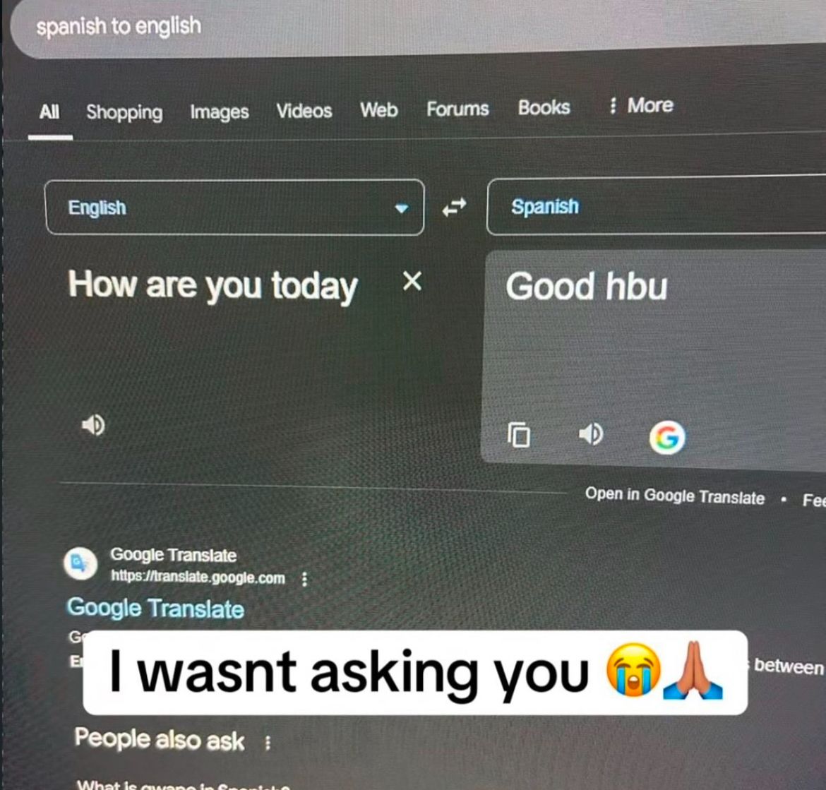 Ein Screenshot von Google Translate. In der linken Spalte steht "Wie geht es dir heute?" und in der rechten "Good hbu". Darüber steht "Englisch" und "Spanisch". Unterhalb des Übersetzungsfeldes ist ein weißer Balken mit schwarzer Schrift, der besagt: "Ich habe dich nicht gefragt." Es gibt außerdem eine Auswahl, die "People also ask" lautet.