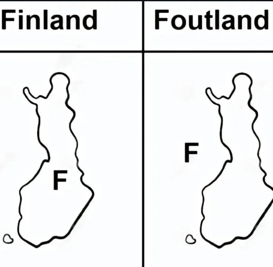 Die Karte von Finnland wird neben der Karte eines Fantasielands namens "Foutland" dargestellt, beide mit einem großen "F" in der Mitte.